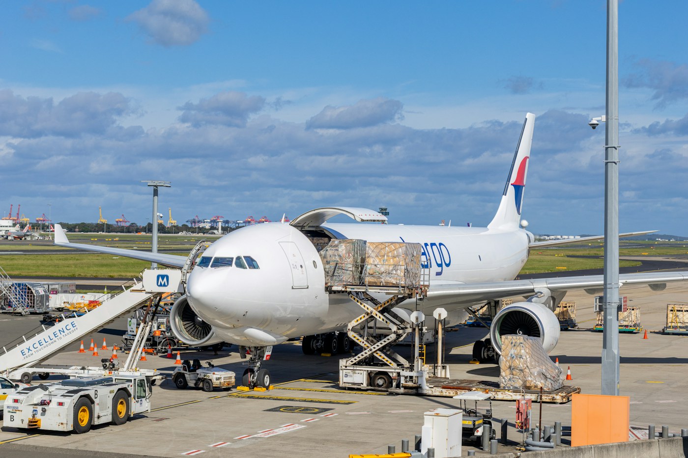 Palletized cargo being handled beside a freighter at Sydney Airport.